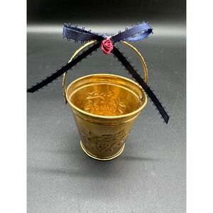 Hosley Brass Mini Bucket  Embossed Decorative Pail with Blue Ribbon BS-43080
